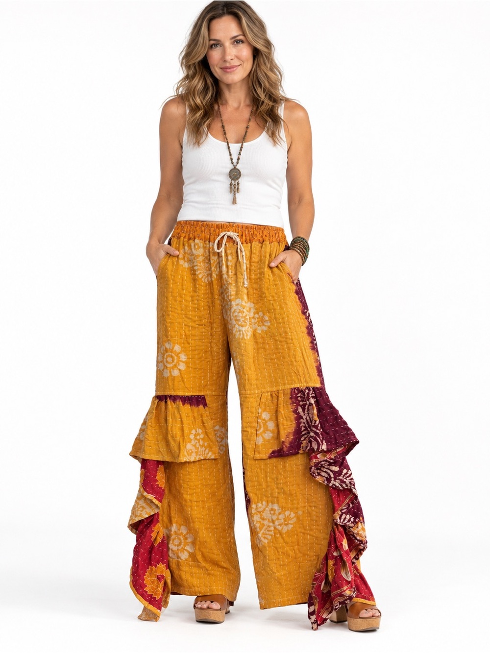 Kantha Patchwork Ruffle Wide Leg S1OAK Palazzo Pants Boho #11